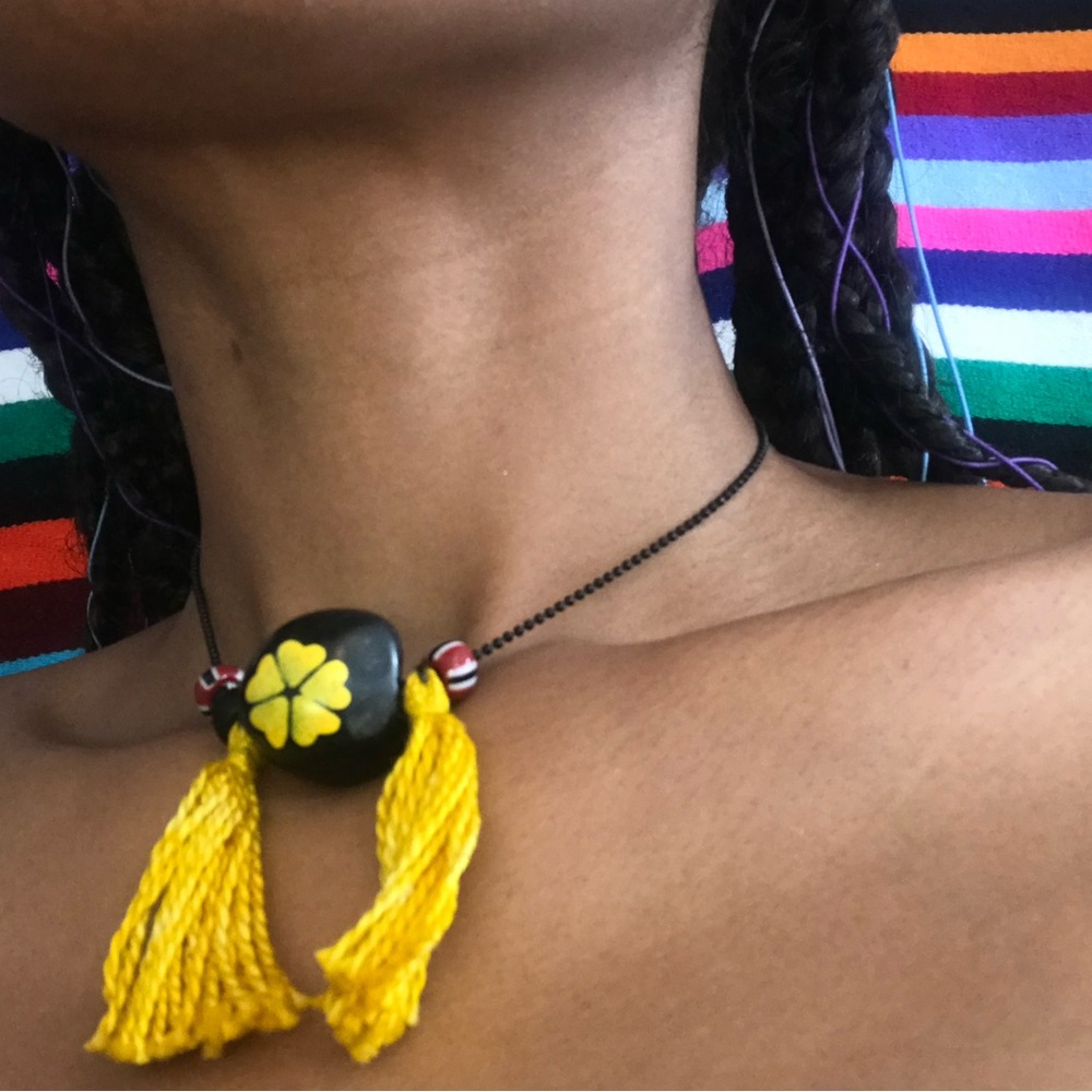 Lavender T Handmade Choker Featuring Stamped Wooden Bead and Hand Dyed Tassels